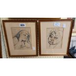 Dudley Holland: Two framed small format ink portrait sketches - foxing