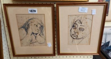 Dudley Holland: Two framed small format ink portrait sketches - foxing