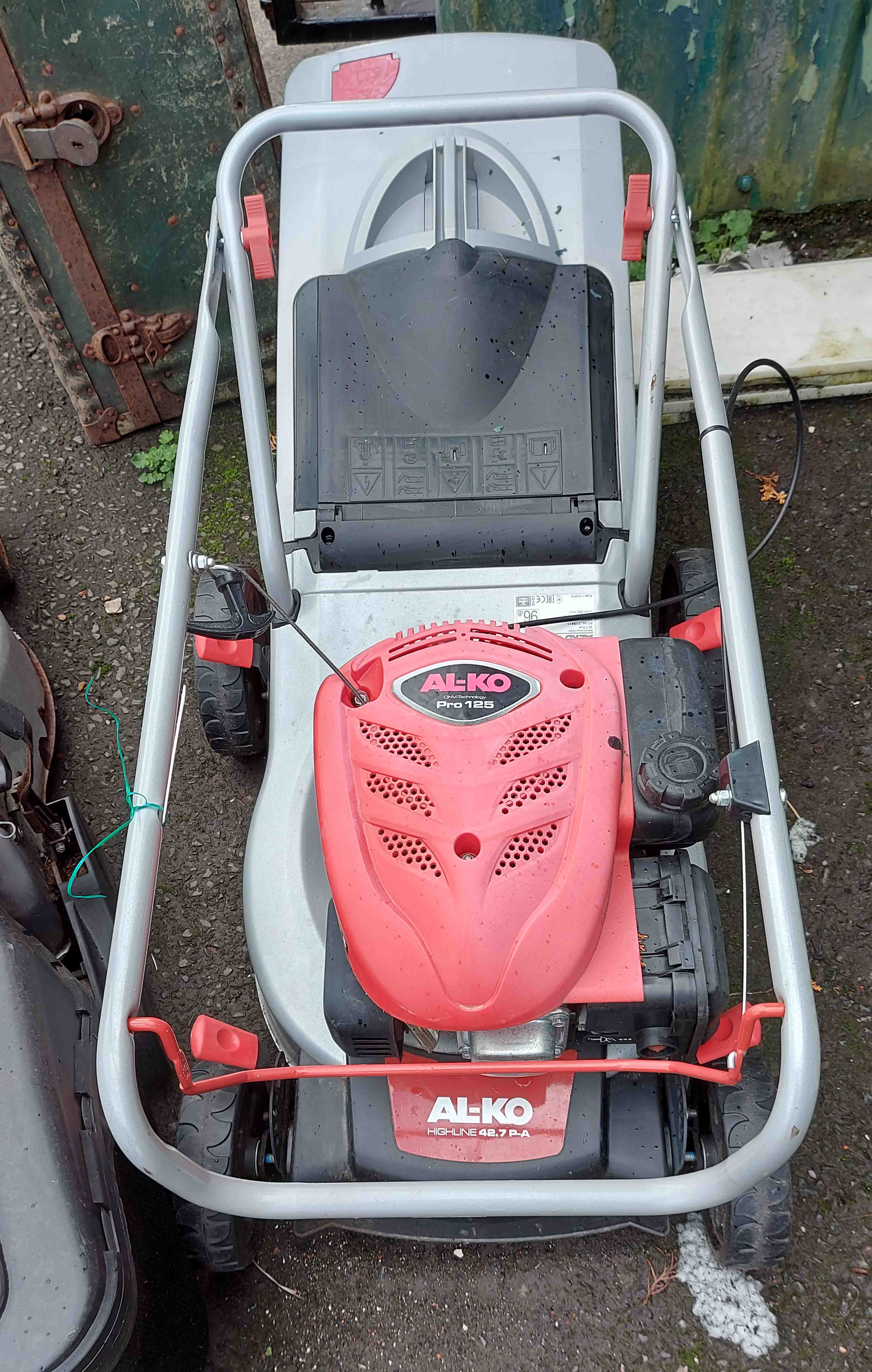 An Al-Ko Highline 42.7 P-A petrol lawn mower with 'Pro 125' OHV 4 stroke engine and grass box