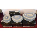 Four Wedgwood blue Jasperware items in original boxes comprising bean box, silver box, heart box and