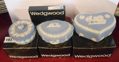 Four Wedgwood blue Jasperware items in original boxes comprising bean box, silver box, heart box and