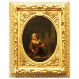 Netscher (after): an ornate gilt framed oval oil on canvas portrait of servant woman cleaning a
