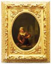 Netscher (after): an ornate gilt framed oval oil on canvas portrait of servant woman cleaning a