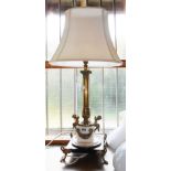 A 20th Century table lamp with central cast brass cherub flanked corinthian column, the white and