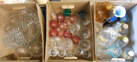 Three boxes containing a quantity of assorted glassware including a pair of Edwardian green wine