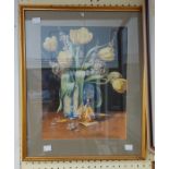 T. Tullidge: a gilt framed watercolour still life with vase of flowers and Oriental figure on a