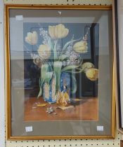 T. Tullidge: a gilt framed watercolour still life with vase of flowers and Oriental figure on a