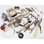 A bag containing silver, white metal and plated items comprising cutlery, jewellery and thimbles,