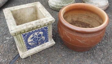 A small Featherstone concrete planter with blue and white porcelain panel decoration - sold with a