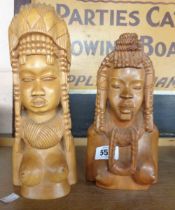 Two African carved hardwood female figures with ornate headdresses