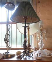 Three modern metal table lamps and shades - sold with another vintage lustre drop lamp