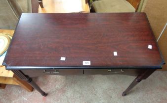 An 87cm reproduction mahogany and strung side table with two frieze drawers, set on slender turned