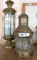 A ship's lantern and a brass and glazed candle lantern