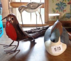 Three bird figures comprising metal robin, wooden duck and a wading bird
