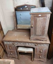 A 1.18m vintage Maples limed oak kneehole dressing table with swing mirror over two frieze drawers