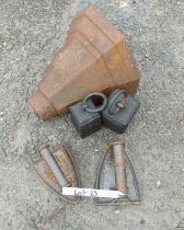 An old cast iron drain hopper, two old weights and two irons
