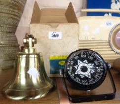 A modern brass ship's bell - sold with a boxed 2965 gimbal mounted marine compass