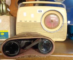 A retro Bush radio - sold with a pair of cased Prinz 12X50 binoculars (case a/f)
