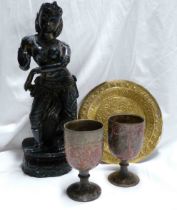Two Indian chased brass goblets and brass dish - sold with a Hindu tantric dancer deity