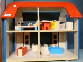 A modern wooden doll's house of open form with painted furniture, figures, etc.