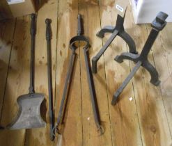 A set of wrought iron fire irons - sold with similar pair of fire dogs