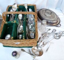 A basket and a box containing a quantity of silver plated cutlery and other items including entree