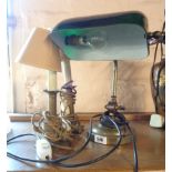 A vintage banker's style desk lamp, with opaque green glass shade and brass body - sold with a