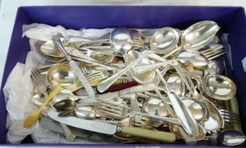 A box containing a quantity of assorted silver plated cutlery