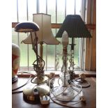 Two modern metal table lamps and shades - sold with a vintage glass lustre drop lamp and a modern
