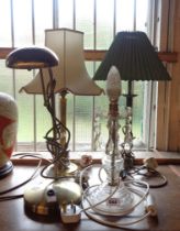 Two modern metal table lamps and shades - sold with a vintage glass lustre drop lamp and a modern