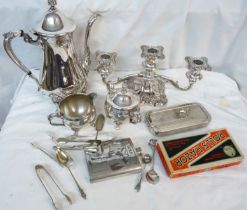 A box containing a quantity of silver plated items including a three piece coffee set,