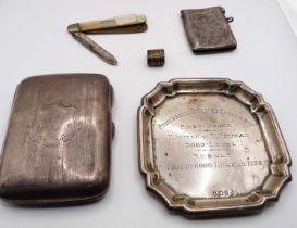 A silver pin tray with 1919 Billiard Championship presentation text, a silver cigarette case,