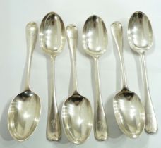 A set of six Victorian silver rat tail dessert spoons with engraved stag's head armourials to