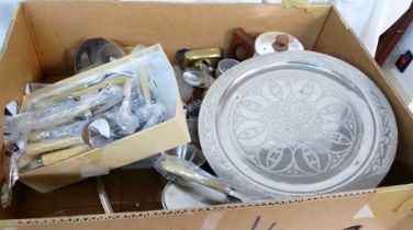 A box containing a quantity of silver plated and other items including teaware, cutlery and pair