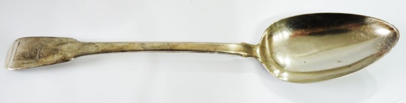 A silver fiddle pattern basting spoon with hare armourial to terminal - London 1819