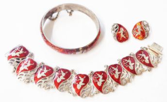 A cased 'Siam Sterling' red enamelled panel-link bracelet and pair of earrings with deity decoration