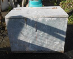 A galvanised lift-top grain bin - rusted to bottom