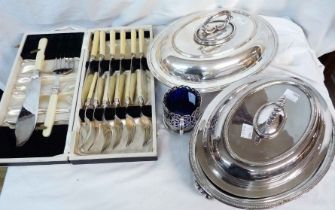 A box containing a quantity of silver plated items including entree dishes, coaster, etc.