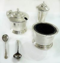 A silver three piece condiment set with blue glass liners and associated spoons - pepperette with