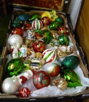 A box containing a quantity of assorted glass and other Christmas tree baubles