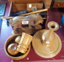 A book trough, card box and other collectable carved wood items including boxed cheese set, bowl,