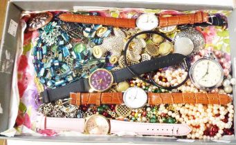 A box containing a quantity of assorted costume jewellery and modern quartz wristwatches