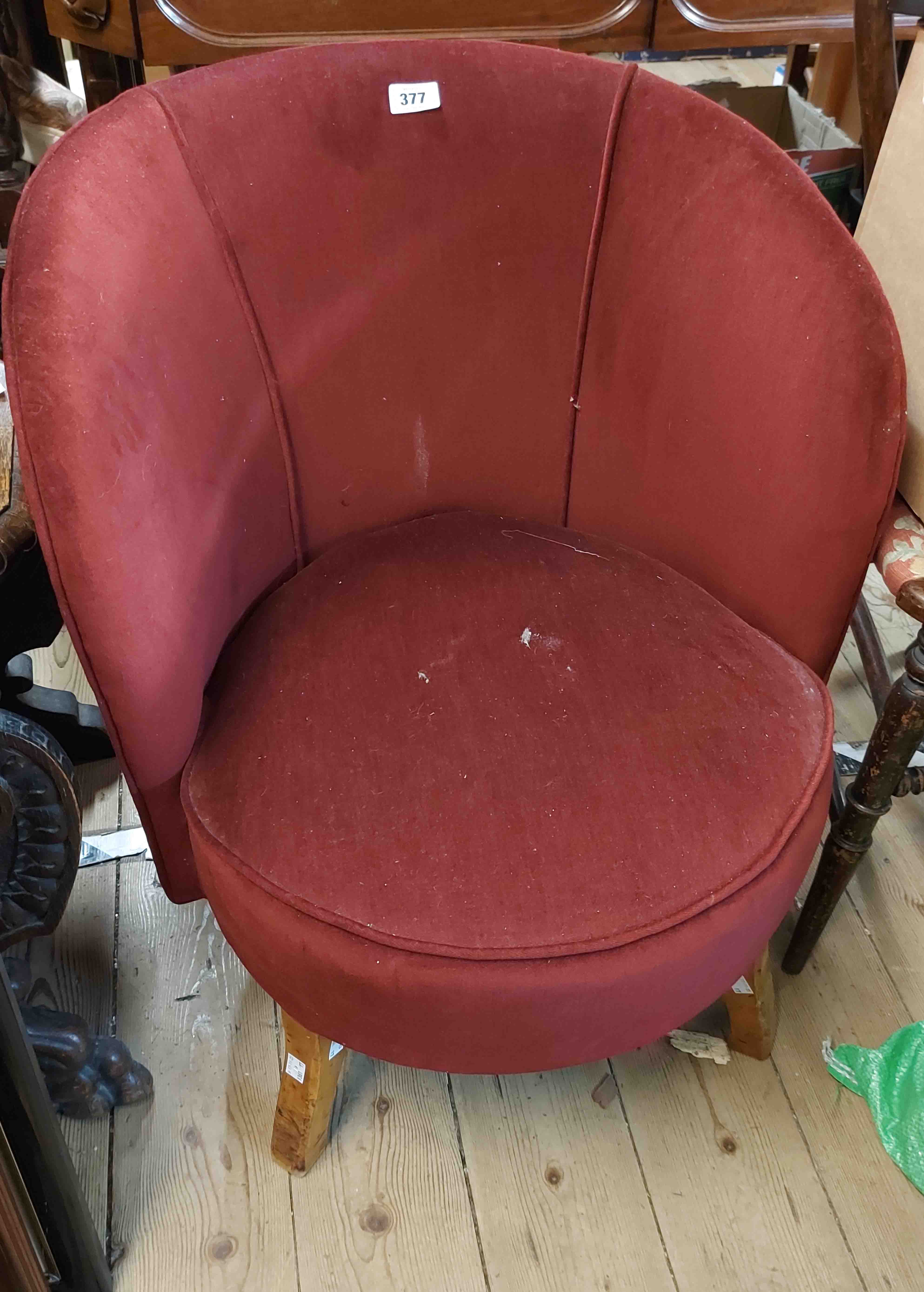 A retro red upholstered boudoir tub chair - sold with a Victorian bedroom chair and a low wavy lathe