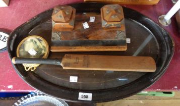 A quantity of collectable items including ebonised and glazed inlaid tray, wooden ink stand,