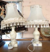 A pair of vintage alabaster table lamps of fluted form, both with shades