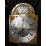 A late Georgian inlaid oak longcase clock with brass ball finials to hood, the 33cm brass and
