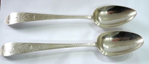 A pair of Irish silver tablespoons with bright cut and engraved decoration - Dublin 1842