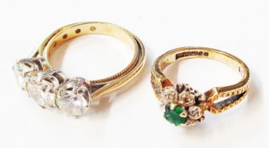 Three 375 (9ct.) gold rings comprising triple white paste, a wedding band and a green and white