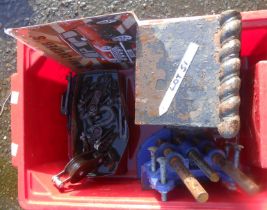 A crate containing a quantity of items including cast iron drain hopper, Record vice, etc.