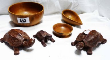 Three carved wood tortoises - sold with three turned wood bowls